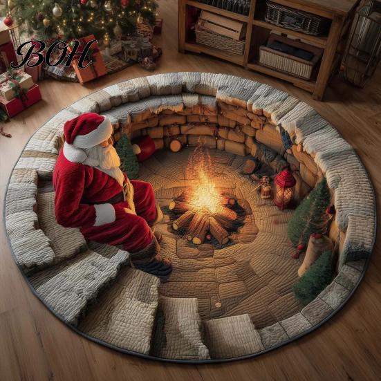 Comfortable Barefoot Floor Mat Round Christmas 3D Rug, Optical Illusion Area Santa Claus Gnome Quilted-Like Patterned Rug Anti-slip Washable