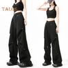 Брюки-карго для женщин с высокой талией, широкие штанины, однотонные, прямые, с карманами, повседневные, свободные брюки в стиле ретро со шнурком