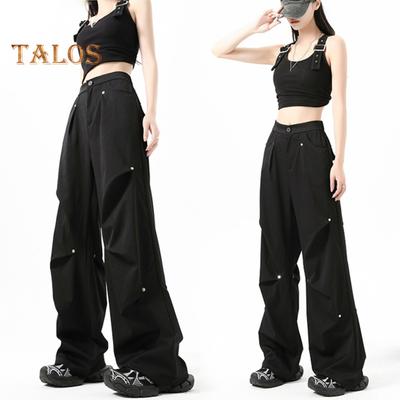 Брюки-карго для женщин с высокой талией, широкие штанины, однотонные, прямые, с карманами, повседневные, свободные брюки в стиле ретро со шнурком