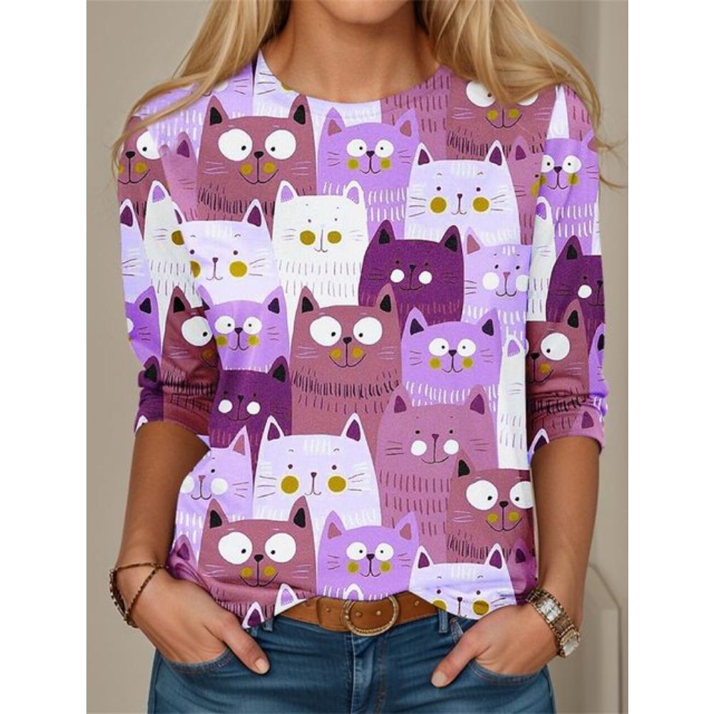 Модные женские футболки с 3D-принтом, кавайными рисунками кошек, длинными рукавами, круглым вырезом, стандартным кроем, весна/осень, тонкий стиль, спортивная одежда