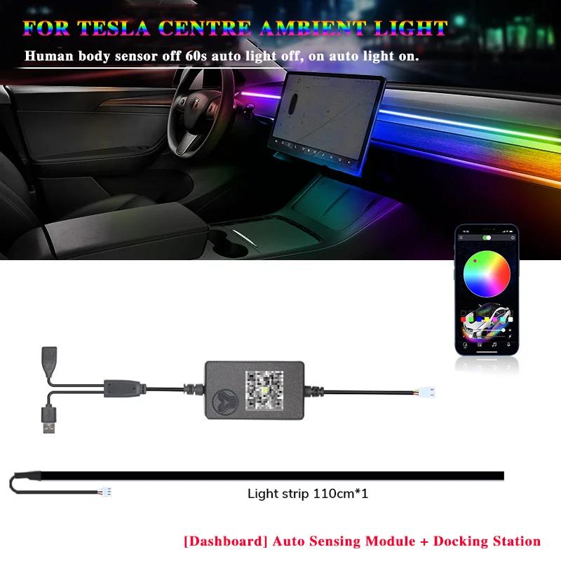 For Tesla Model 3/Y 2 IN 1 Dynamic Neon RGB Car LED Ambient Lighting 60s Automatic OFF Module Dashboard Lighting Decorative Lamp