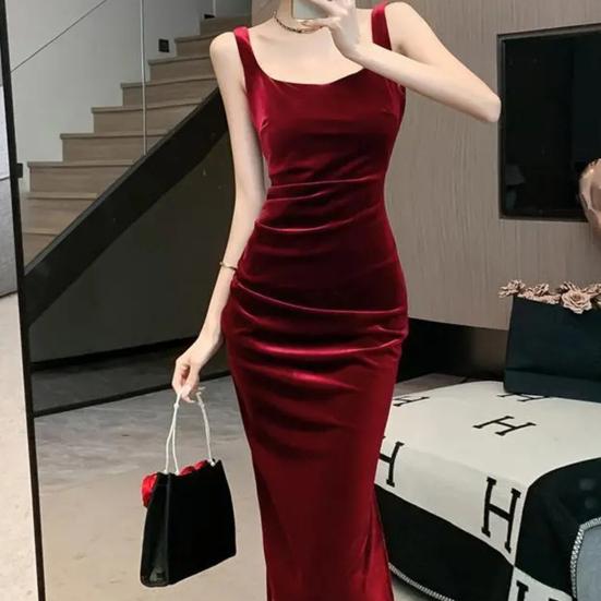 Summer Women Evening Dress Sleeveless Slim Fit Backless Pure Color Split Hem Velvet U-shaped Neck Prom Cocktail Party Midi Dress