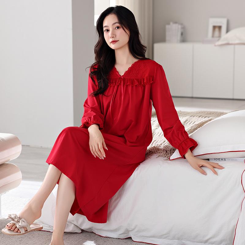 Пижама Женская Весна и Осень Хлопковая Пижама с Длинным Рукавом Юбка Кружево Кружево Можно Носить На Улицу Средней Длины До Колена Домашняя Одежда