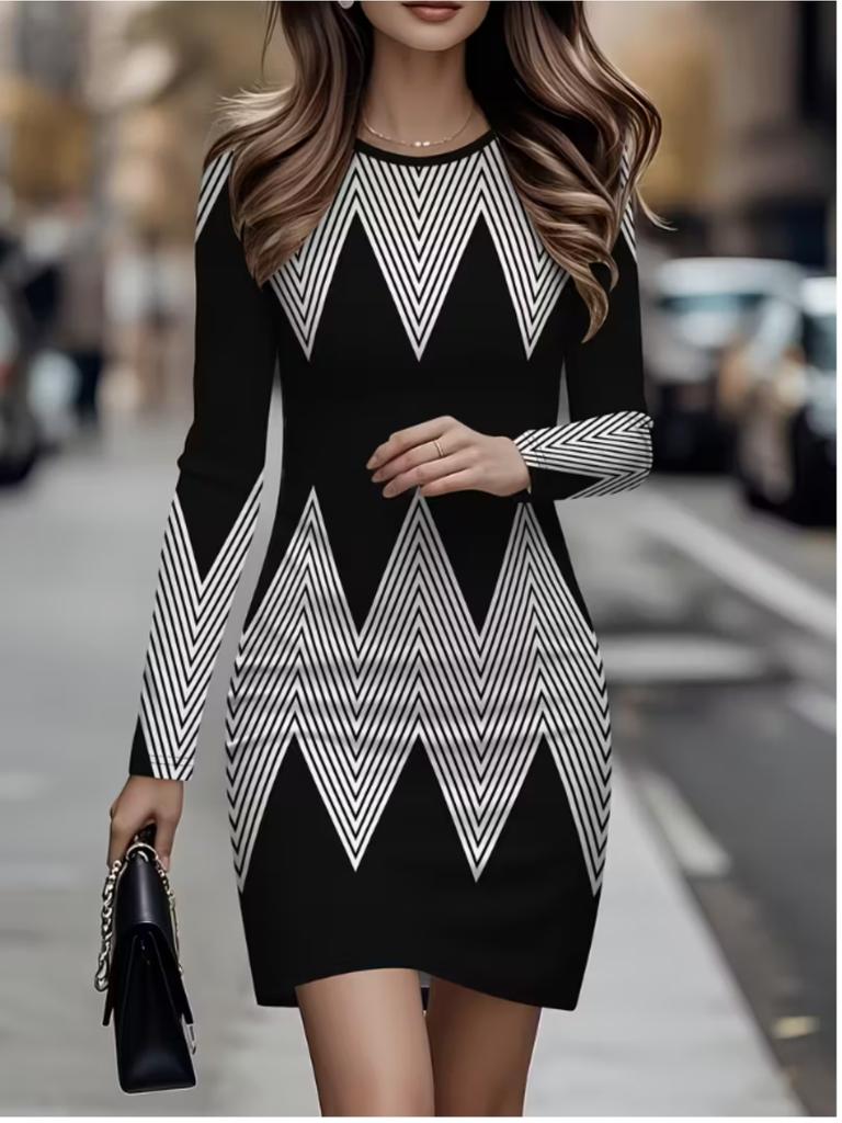 2025 Осень и Зима Новое 3D Ретро Принт и Крашение Женская Мода Платье с Длинным Рукавом и Круглым Вырезом Облегающее Бедра Ограниченная Серия к Дню Святого Валентина