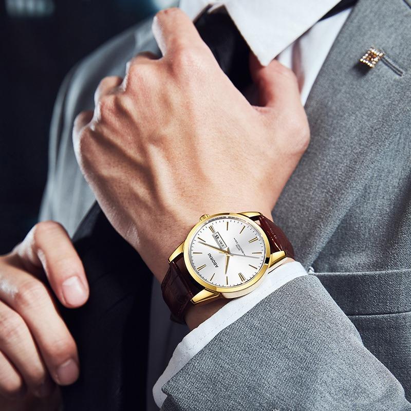 ABORNI Кварцевые часы Деловые водонепроницаемые мужские часы Кварцевые мужские часы