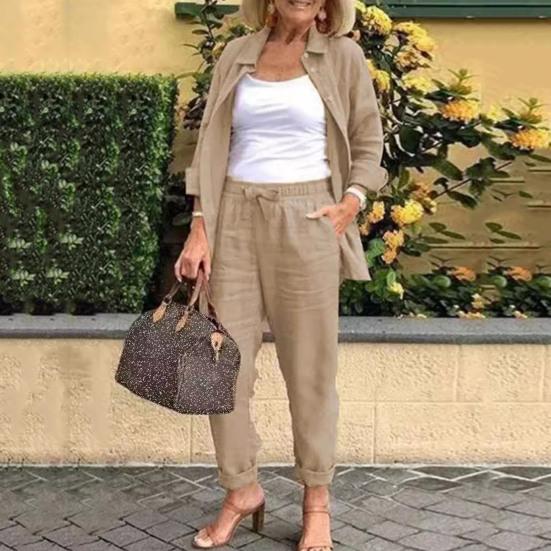 2 Pcs/Set Women Shirt Pants Set Loose Lapel Single-breasted Mid Length Long Sleeve Blouse High Elastic Waist Wide Leg Trousers Daily Wear Clothes