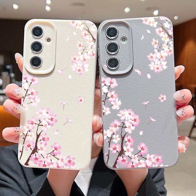Розовые Цветы Персика Цветочный Чехол Для Samsung S26 S25 S24 Ultra S23 S22 S21 FE A15 A16 A17 A26 A35 A36 A37 A54 A55 A56 A57 5G Чехол с Текстурой Кожи
