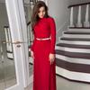 2024 Autumn Women's Solid Color Round Neck Pleated Waist-Hugging Long Dress