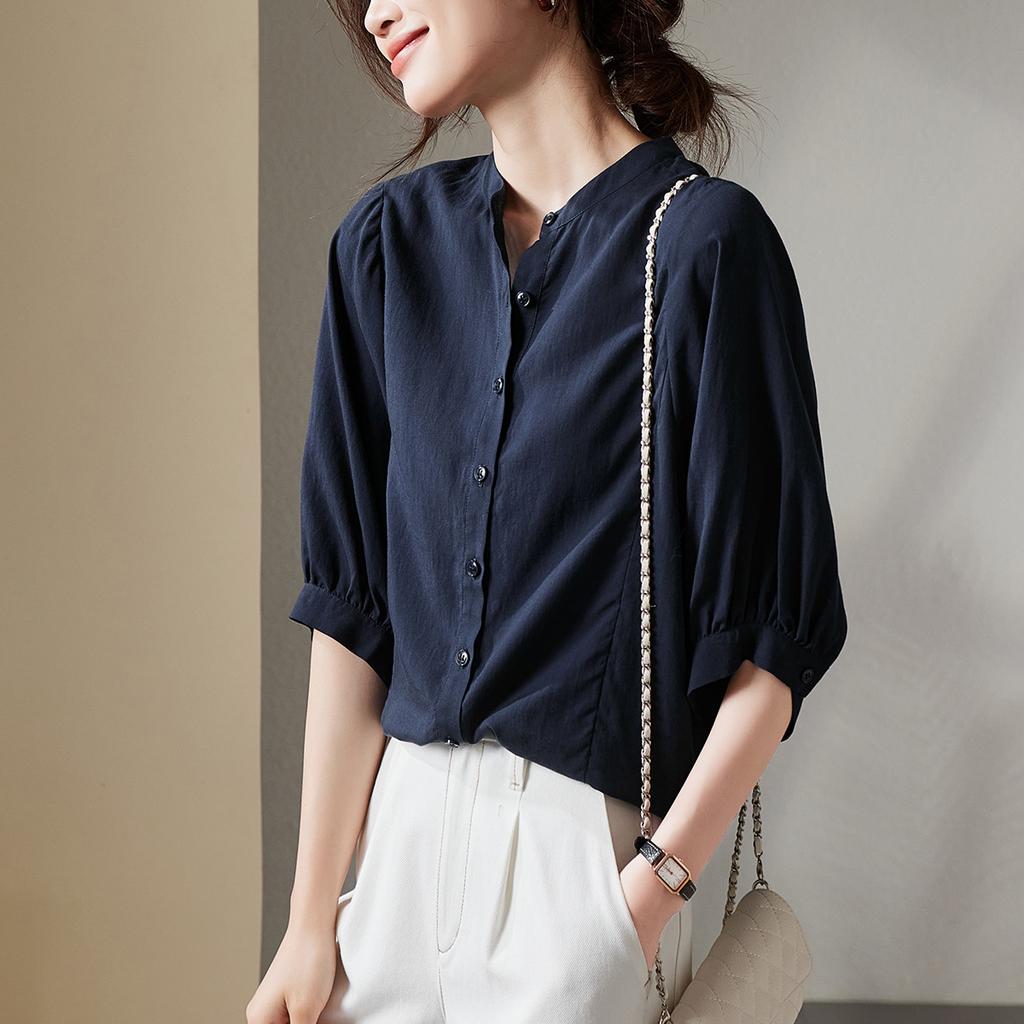 Lyocell linen round neck seven quarter sleeved shirt for women in summer 2026, loose and versatile casual solid color top
