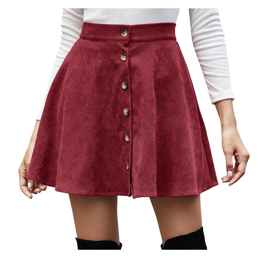 Women Lady  Solid Color High Waist Corduroy A-line Skirt   Skirt