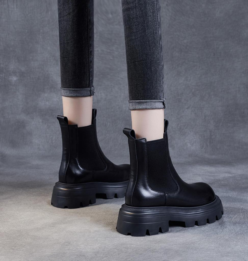 Ботинки женские [ZUYEE] челси короткой высоты из натуральной толстой кожи на резинке по бокам, кожаные, подошва, ботинки, ботинки, улучшение, ноги, черные, 24.5см