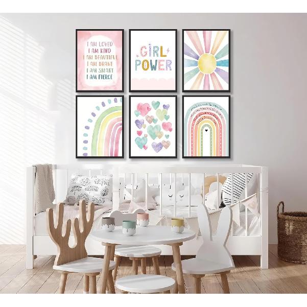6Pcs Pink Boho Sun Rainbow Wall Art Colorful Heart Pattern Poster Prints Girl Power Canvas Pictures for Toddler Nursery Girl Kids Room