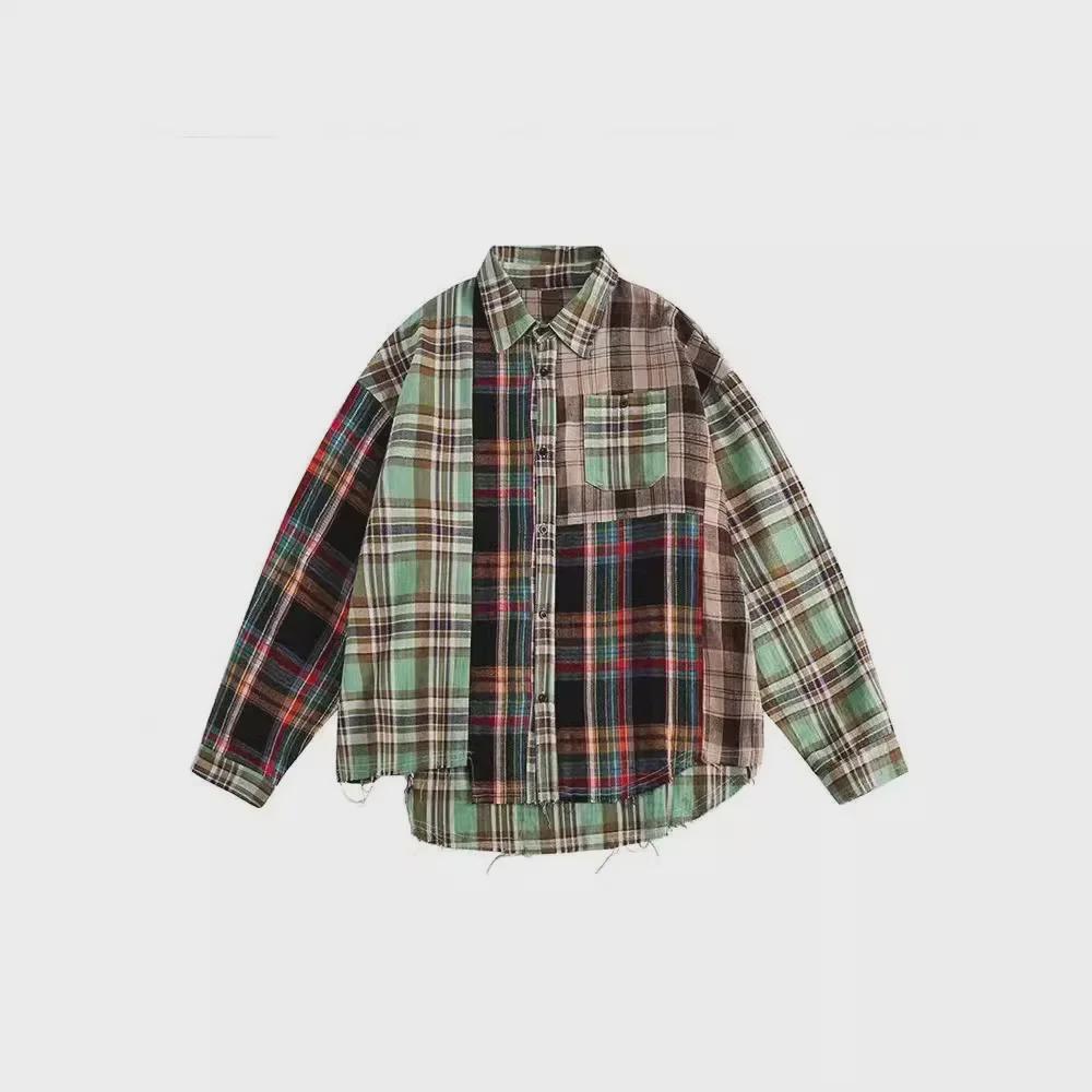 Мужская свободная рубашка в стиле хип-хоп с длинным рукавом в клетку и лоскутным узором