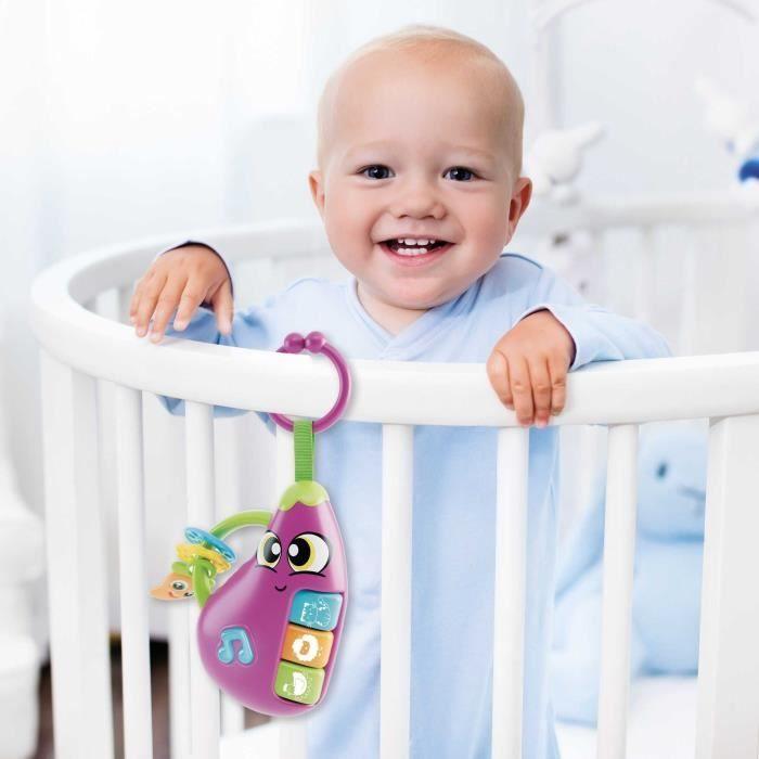 Aubergine - hochet électronique - carotina baby - mélodies et bruits d'animaux, anneaux de dentition