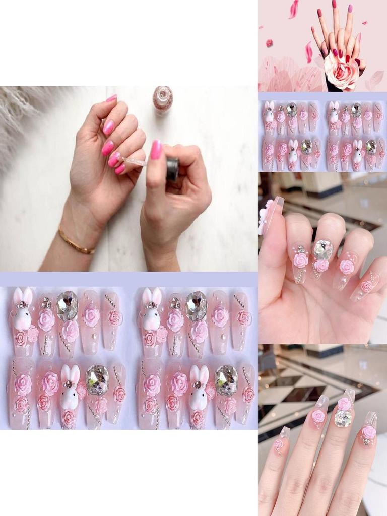 Handmade Cute Cartoon Bunny Pink Camellia Nail Art Creative Pet For Women Xs S M L Cream Hug Bunny Medium Wearable Style