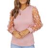 Women Spring Summer Pullover Tops O-neck Flower Decor Mesh Sleeve Chiffon Tops Solid Color Slim Fit Breathable Blouse