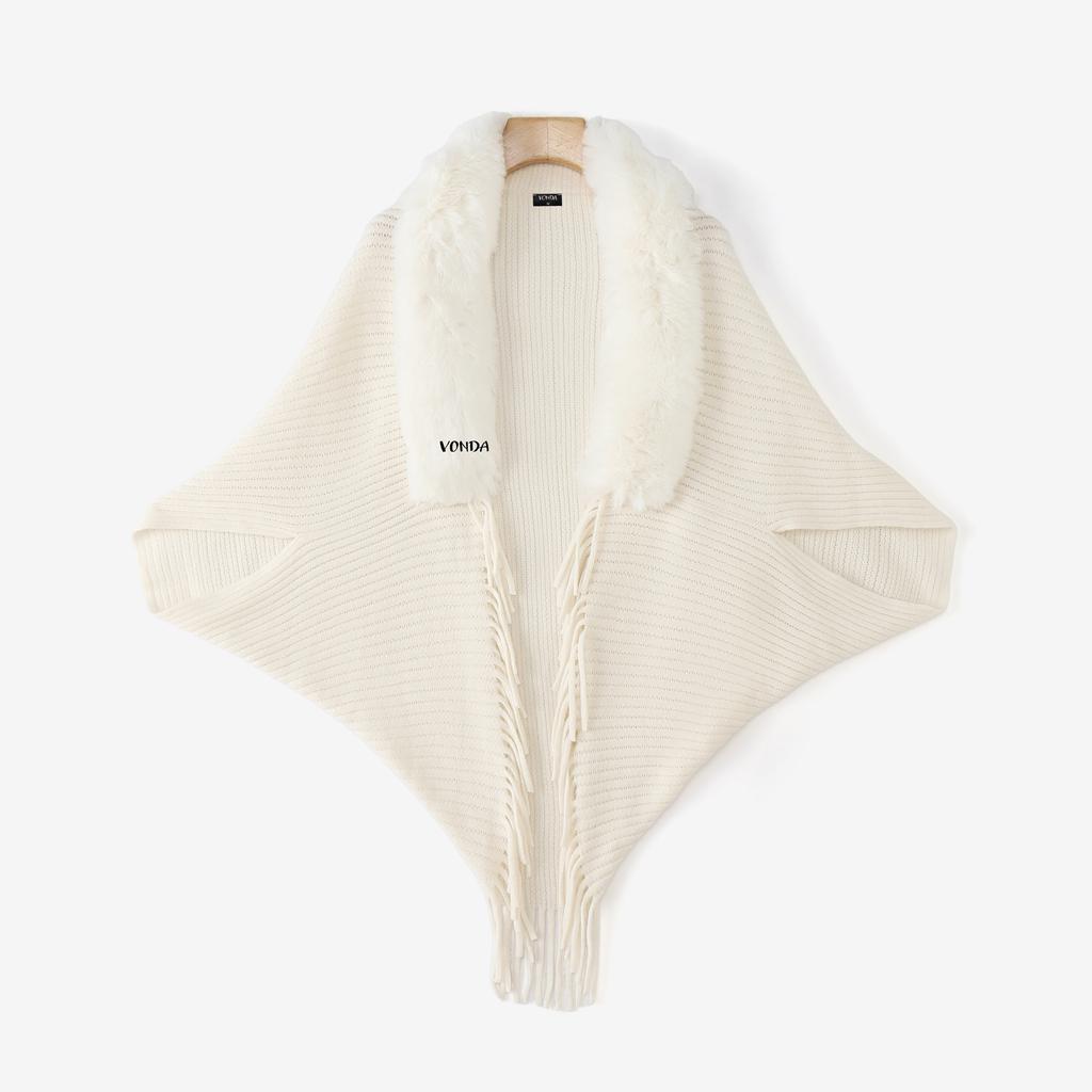 VONDA Women Long Sleeve Fluffy Tassel Splicing Open Front Casual Knitted Sweaters Cardigans