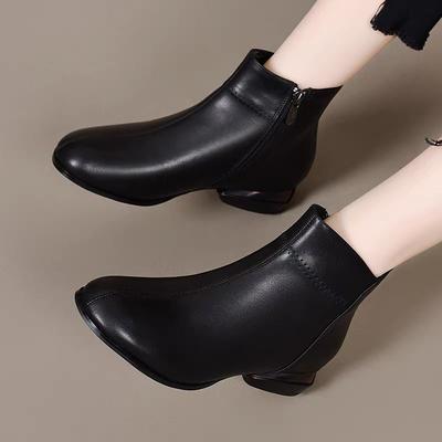 Кожаные Туфли на Среднем Каблуке Мама Зимняя Обувь Классика Ботильоны Челси Квадратный Носок Молния Лаконичные Ботильоны до Щиколотки для Свиданий