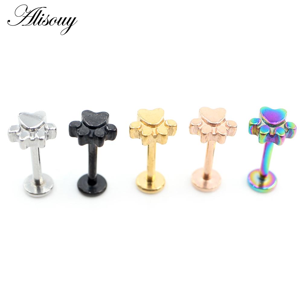 Alisouy 1PC Нержавеющая сталь Собака Следы Лист 16G Tragus Helix Bar Лабрет Губное кольцо Хрящ Ухо Серьги Пирсинг Украшения для тела