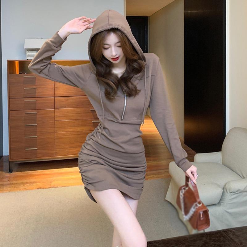 Повседневная простая однотонная молния с длинным рукавом и капюшоном, короткая стильная сумка, платье-свитер на бедрах