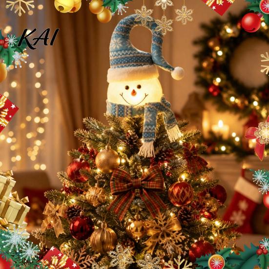Plush Snowman Ornament Lighted Christmas Tree Topper, Glowing Star Hat with LED Light, Topper Winter Holiday Decor for Home And Indoor Top Decoration