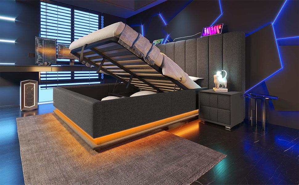 Upholstered Bed 160×200, Double Storage Bed with App Control LED, USB-C Charging, Bed Frame with Slats, Linen, Grey, Without Mattress and Nightstand