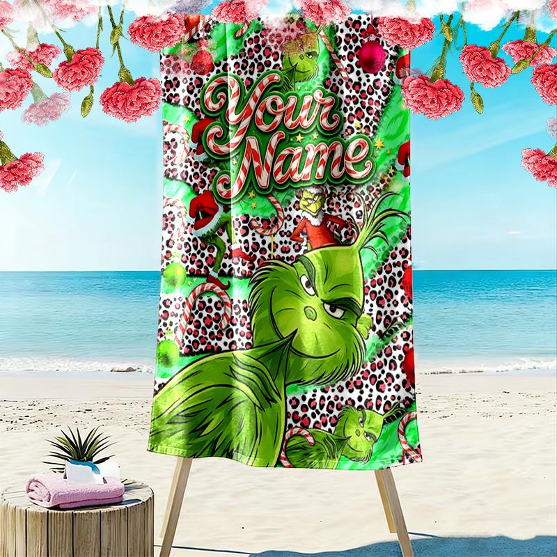 Name Custom Christmas Monster Print Beach Towel, Large Soft Quick Dry Towel for Beach Camping Swimming