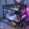 Loft Bed, 140 x 200cm, Iron Frame, LED Strip, Drawers, Railing, Stairs, Desk, without Mattress, Black