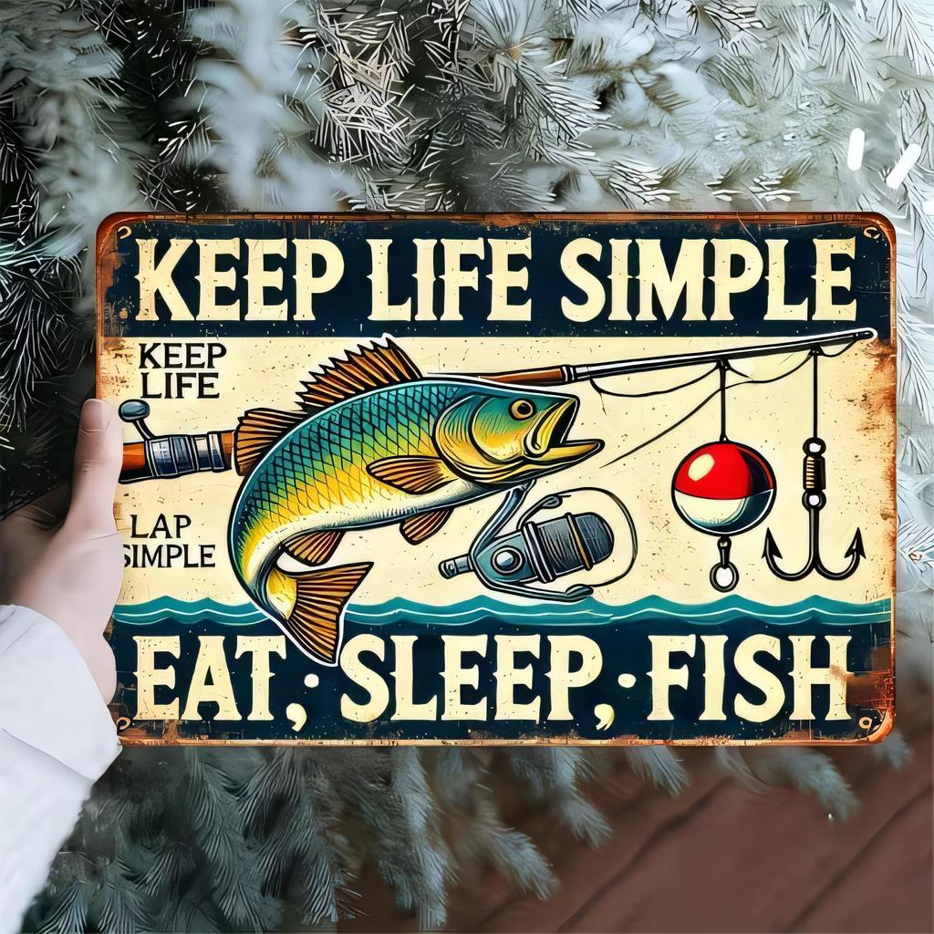 Tin Sign Keep Life Simple Eat Sleep Fish Vintage Fishing Wall Decor Metal Poster Rustic Nautical Bedroom Garage Man Cave Indoor