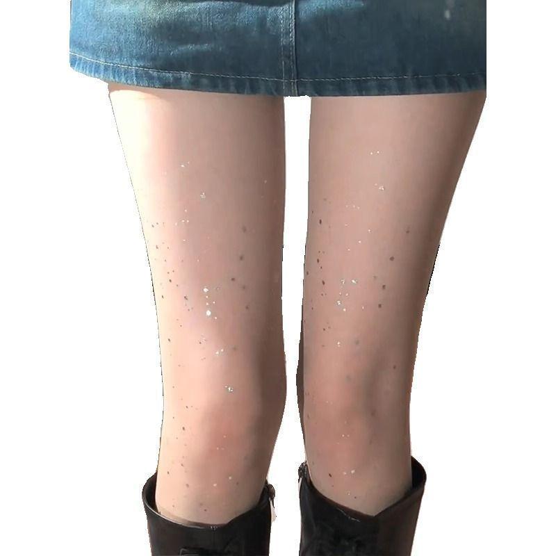 Summer Thin White Sheer Pantyhose with Bling - Bling Sequins, Sparkles, Sexy Star - Shaped Rhinestones for Girls and Baddies