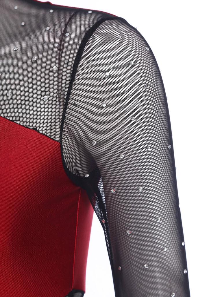 One Shoulder Dance & Stage Bodysuit for Women S-XXL: Sparkling Rhinestone & Sheer Mesh Long Sleeve Gymnastics Costume