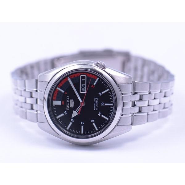 Seiko Мужской SNK375J1 (Seiko5 Черный циферблат Мужские) Круглые часы из серебристой нержавеющей стали, аналоговые