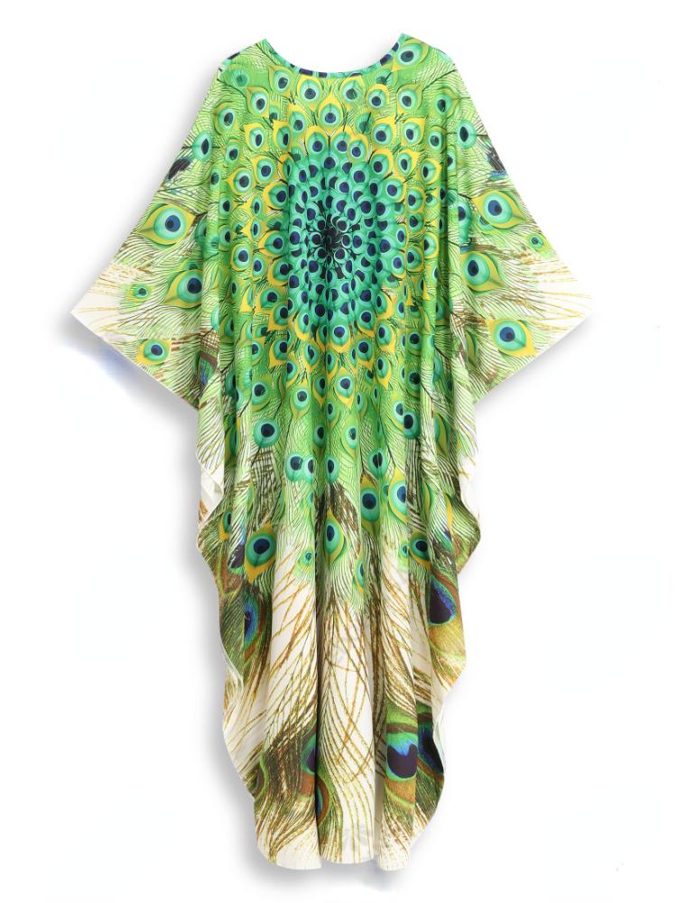 EDOLYNSA Плюс размер кафтан богемный зеленый павлин с принтом летнее длинное пляжное платье женская домашняя одежда наряд купальный костюм накидка свободный кафтан