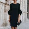 New Ruffle Sleeve Bodycon Midi Dress Women Elegant Knee Length Sheath Party Cocktail Dress Long Sleeve Office Lady Dresses