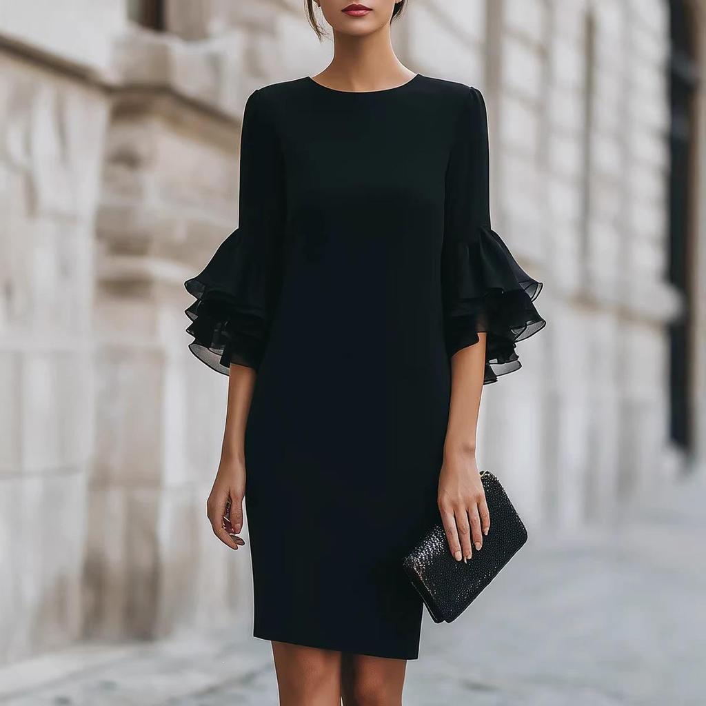 New Ruffle Sleeve Bodycon Midi Dress Women Elegant Knee Length Sheath Party Cocktail Dress Long Sleeve Office Lady Dresses