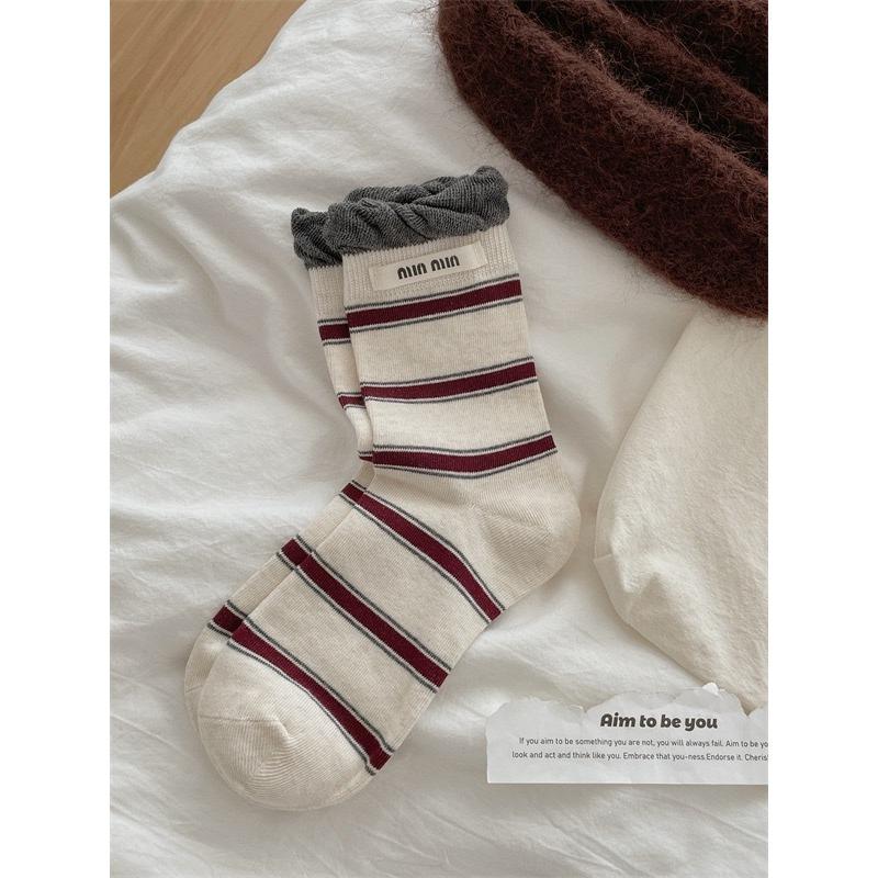 Женские осенние цветные полосатые носки-трубы из махры с двойным воротником и тканевой этикеткой с буквой, бесшовные, влагоотводящие, дышащие