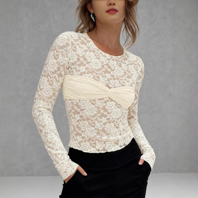 Women S Lace Fake Two Piece Long Sleeve T Shirt Elegant Inner Wear