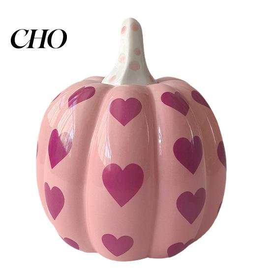 Ceramic Pumpkin Decor Pink with Heart Pattern, Artificial Figurine, Autumn Harvest Table Fall Tabletop Ornaments for Harvest, Thanksgiving, Halloween