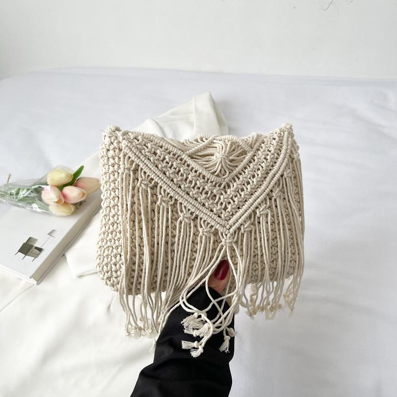 Fashion Cotton Woven Hollow Shoulder Crossbdoy Bags Female Summer Beach Bag Travel Small Tassel Handbag