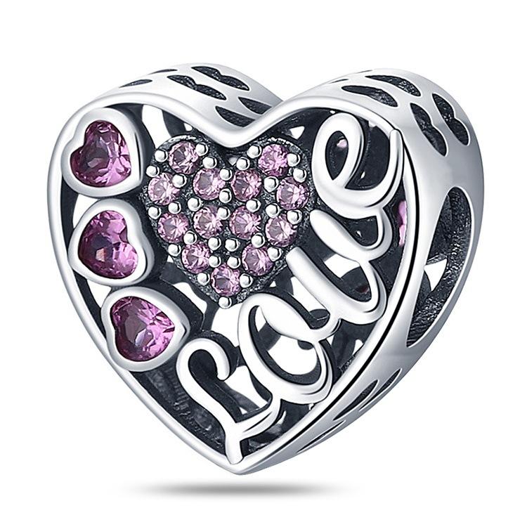 S925 Silver Charm Pendant Beads Romantic Heart Rose Beads DIY Jewelry Bracelet Accessories