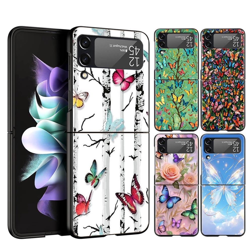 Butterfly Design Hard PC Phone Case For Samsung Galaxy Z Flip 7 6 5 4 Black Cover For Galaxy Z Flip 3 Foldable Fundas Shell Bags