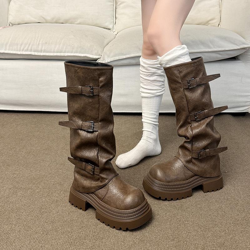 Модные универсальные ботинки Мартин на толстом каблуке с длинным голенищем, новинка осени и зимы 2025 года, женские ботинки-ковбои западного стиля на толстой подошве