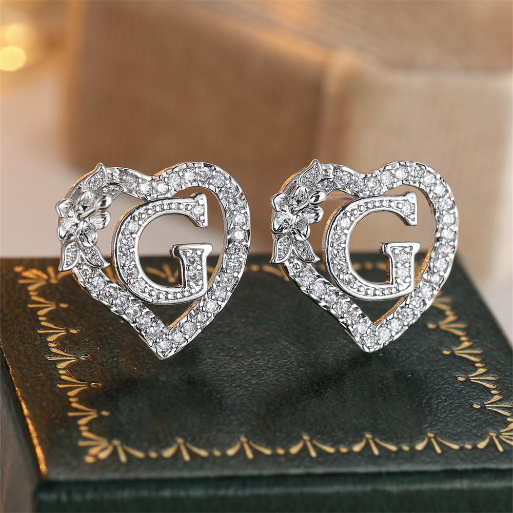 White Zircon Vintage Hollow Love Heart Letters Stud Earrings For Women Silver Color Wedding Jewelry Earring Valentine's Day Gift