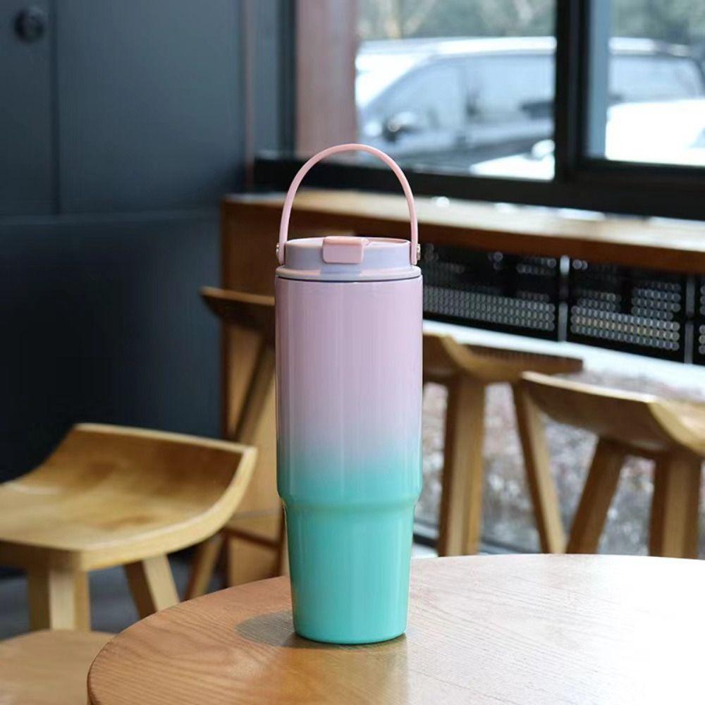 with Straw Gradient Thermos Cup Cold Hot Mugs Car Cup Milk Stainless Steel Insulated Cup  Travel