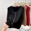 Women's Fashionable Rainbow Button Knitted Unique Layering Crew Neck Vest Loose Sweater Cardigan Top for Spring and Autumn