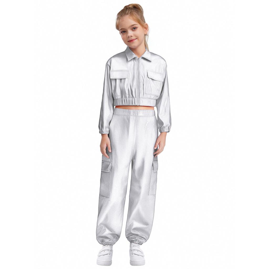 Unisex Kids Metallic Jacket Turn Down Collar Long Sleeve Outwear with Shiny Pants Dance Set