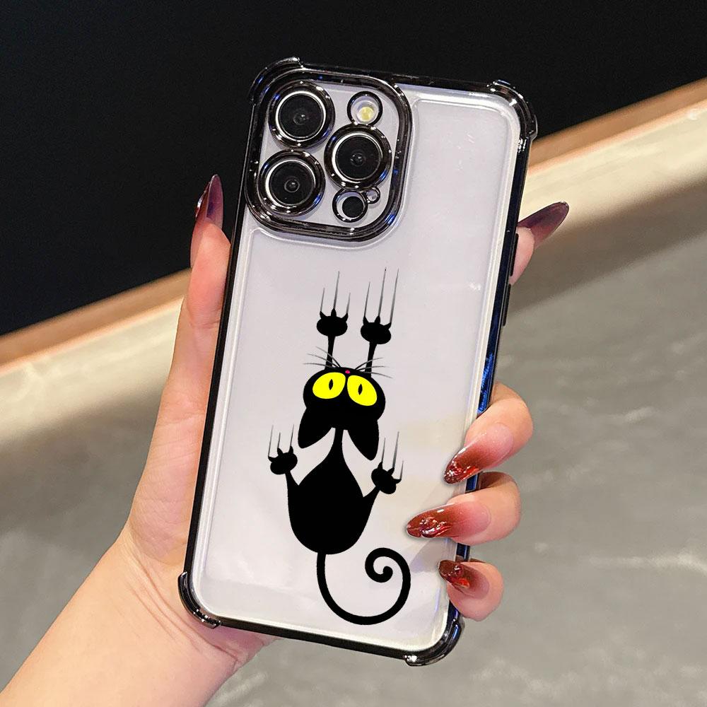 Мультяшный Милый Маленький Черный Кот Чехол Для iPhone 17 Pro 16 15 14 13 12 11 Pro Max Чехол 17 Plus 17E 16E 17Air Силиконовый Чехол Для Телефона