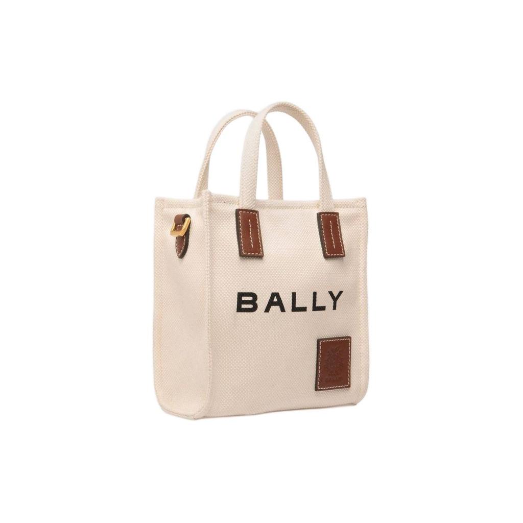 Bally Хлопковая ткань с принтом логотипа Акелей и кожаной отделкой Мини-сумка-тоут Женская сумка-тоут Бежевая 6307810
