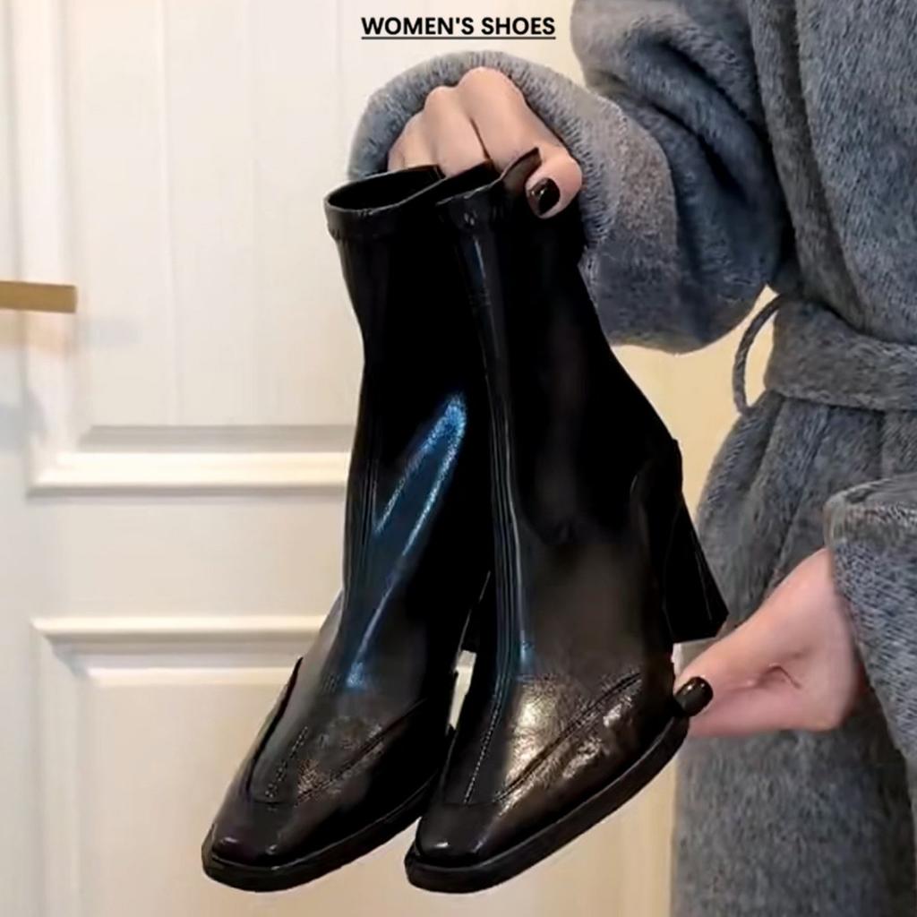 Leather high heels short boots women's autumn and winter square head Martin boots black velvet thick heel thin boots