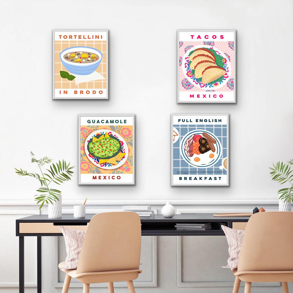 Английский завтрак Ретро-хлеб Декор кухни Еда Искусство Настенная картина на холсте Комната Домашний декор Винтажный гуакамоле Тако Современный постер